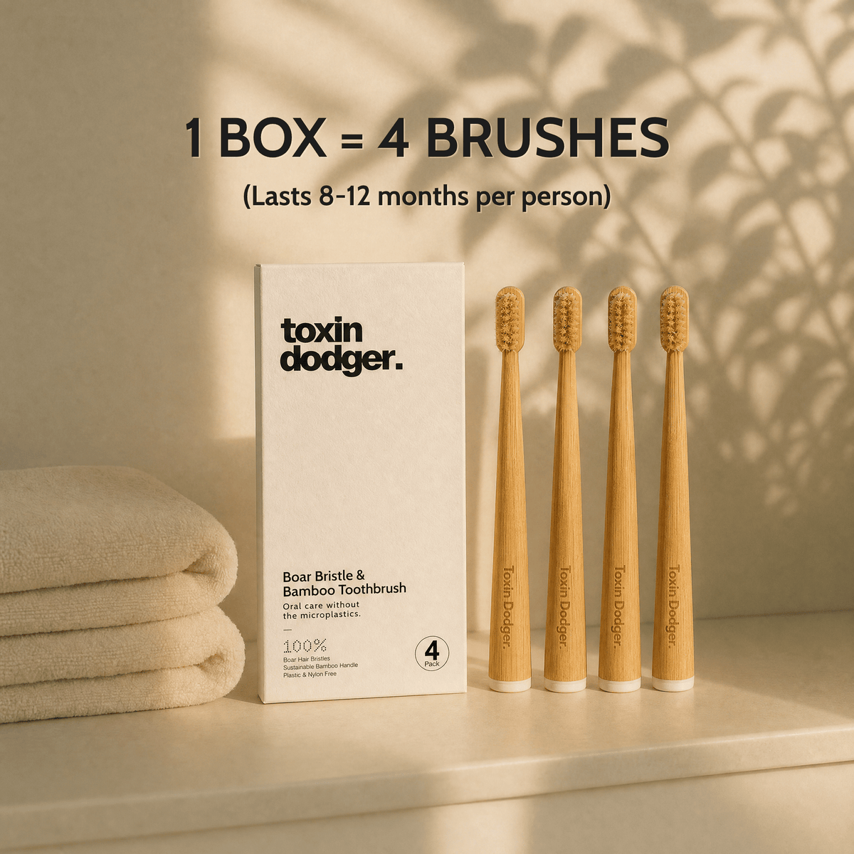 Brosse à dents à poils naturels — manche en bambou (boîte de 4)